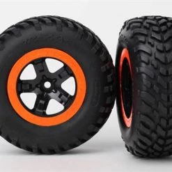 Traxxas Tires & wheels, assembled, glued (SCT black, orange beadlock wheels, dual profile (2.2' outer, 3.0' inner), SCT off-road racing tire, foam inserts) (2) (4WD f/r, 2WD rear) (TSM rated)