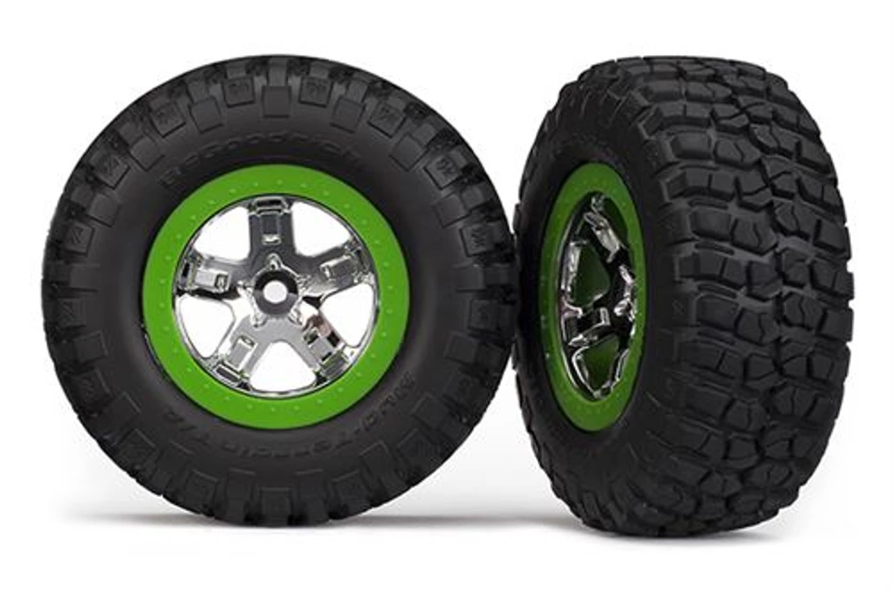 TRA5865-2__08837.1562601353.jpg Traxxas Tires & wheels, assembled, glued (SCT, chrome, green beadlock wheel, BFGoodrich Mud-Terrain KM2 tire, foam inserts) (2) (2WD front only) -Rcsuper outlet shop TRA5865 2 08837.1562601353