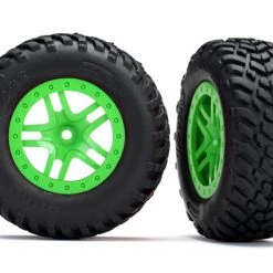 Traxxas SCT Tires on Split-Spoke Green Wheels for Slash 4WD F/R & 2WD Rear