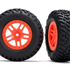 Traxxas SCT Tires on Split-Spoke Orange Wheels for Slash 4WD F/R & 2WD Rear