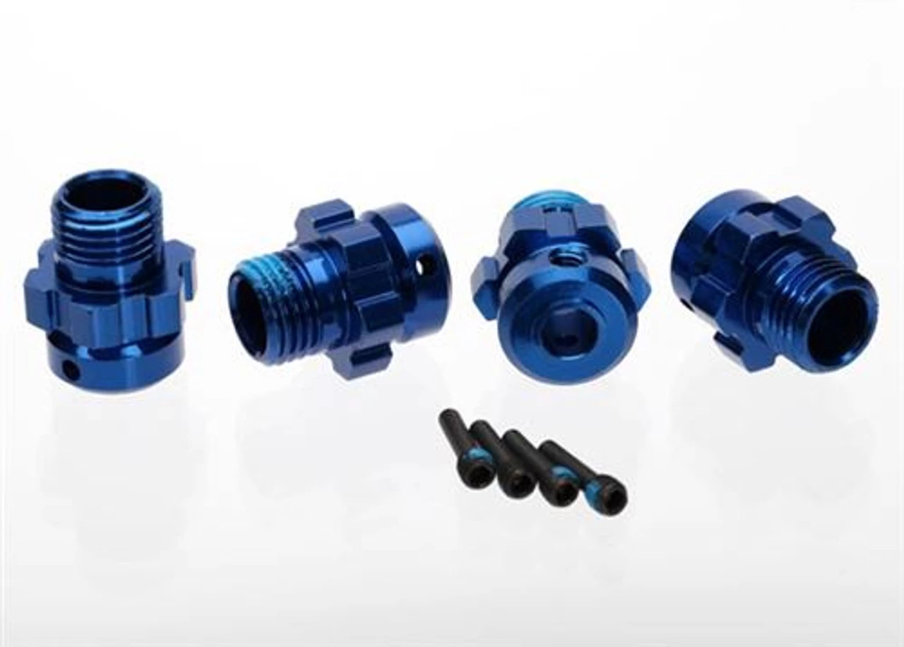 TRA6469-2__31715.1562601449.jpg Traxxas Wheel hub, splined, 17mm, 6061-T6 aluminum (blue-anodized) (4)/ screw pin, 4x13mm (with threadlock) (4) (for 6mm axles) -Rcsuper outlet shop TRA6469 2 31715.1562601449