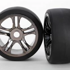Traxxas Tires & wheels, assembled, glued (split-spoke, black chrome wheels, slick tires (S1 compound), foam inserts) (front) (2)