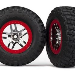 Traxxas BFGoodrich Mud-Terrain Tires on SCT Split Spoke Chrome Red Beadlock Wheels for 4WD F/R, 2WD Rear