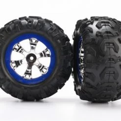 Traxxas Tires and wheels, assembled, glued (Geode chrome, blue beadlock style wheels, Canyon AT tires, foam inserts) (1 left, 1 right)
