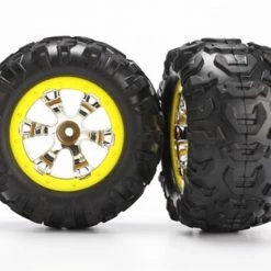 Traxxas Tires and wheels, assembled, glued (Geode chrome, yellow beadlock style wheels, Canyon AT tires, foam inserts)(1 left, 1 right)