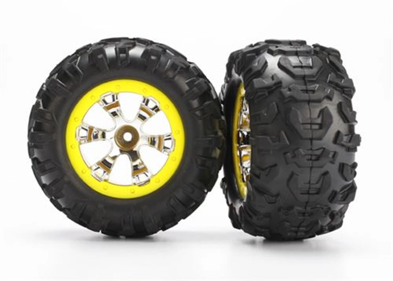 Traxxas Tires and wheels, assembled, glued (Geode chrome, yellow beadlock style wheels, Canyon AT tires, foam inserts)(1 left, 1 right) 1 Traxxas Tires and wheels, assembled, glued (Geode chrome, yellow beadlock style wheels, Canyon AT tires, foam inserts)(1 left, 1 right)