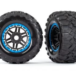 Traxxas Maxx MT Tires on Black Wheels with Blue Beadlock Look & 17mm Splined Hex (2)