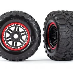 Traxxas Maxx MT Tires on Black Wheels with Red Beadlock Look & 17mm Splined Hex (2)