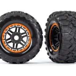 Traxxas Maxx MT Tires on Black Wheels with Orange Beadlock Look & 17mm Splined Hex (2)
