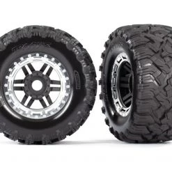 Traxxas Maxx MT Tires on Black Wheels with Satin Chrome Beadlock Look & 17mm Splined Hex (2)
